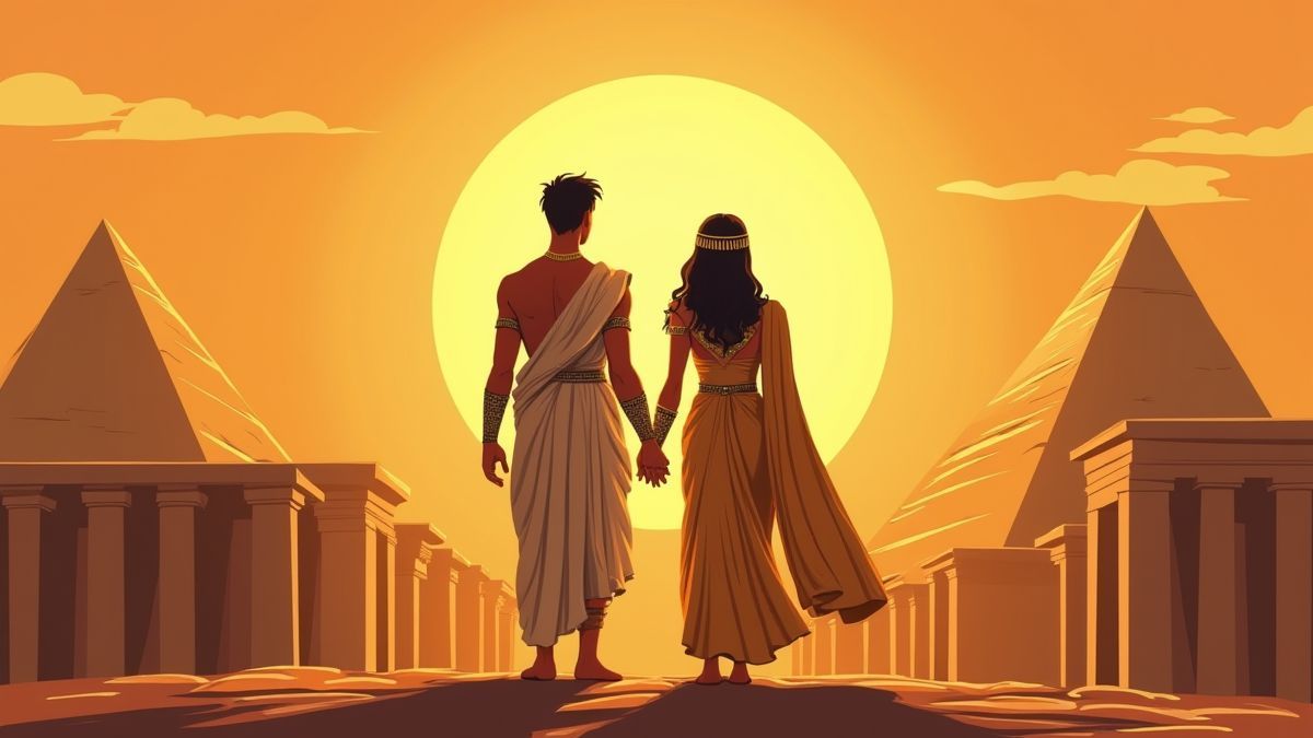 Cleopatra y Julio César juntos en un paisaje histórico.