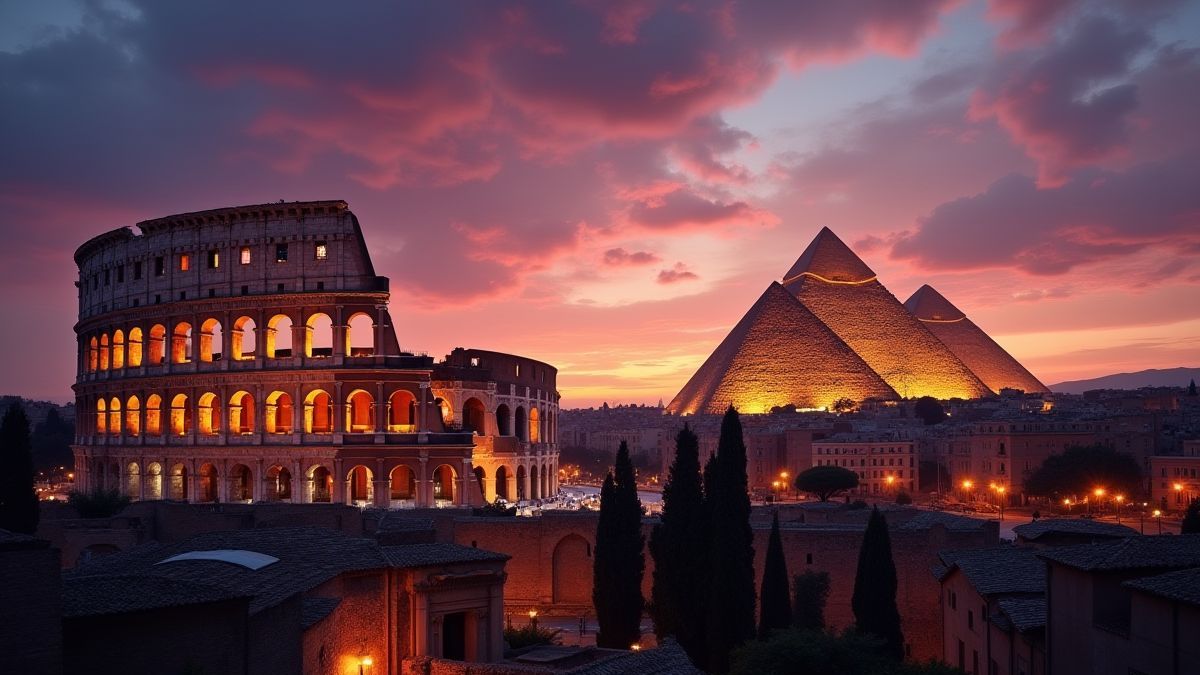 Coliseo romano y pirámides iluminados por antorchas al anochecer.