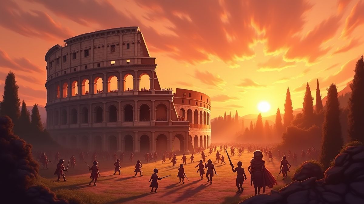 Animated Roman Colosseum at sunset with gladiators in combat.