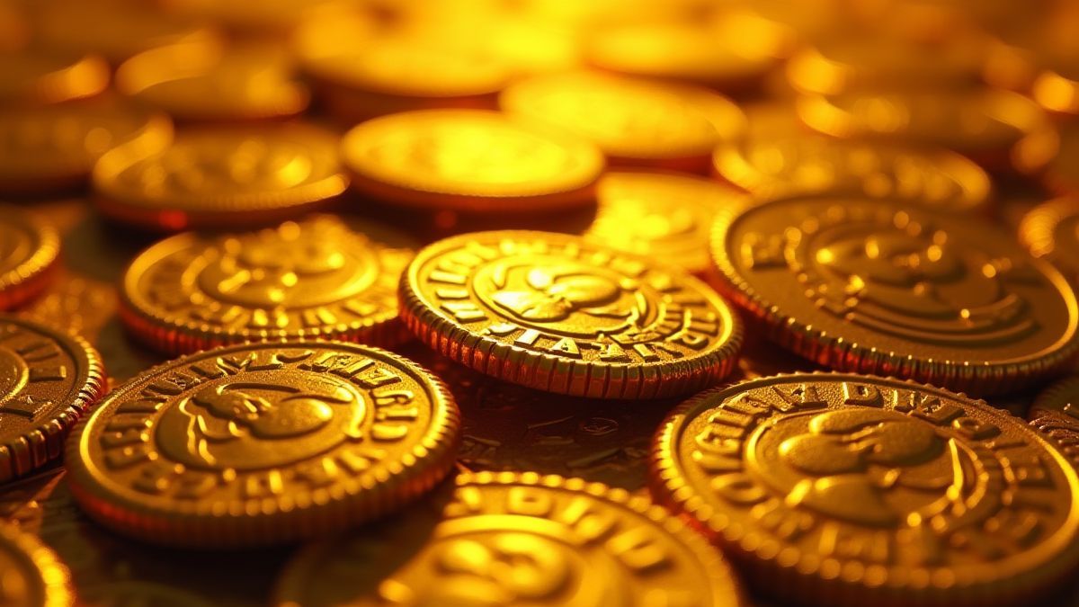 Animated golden Roman coins with intricate designs.