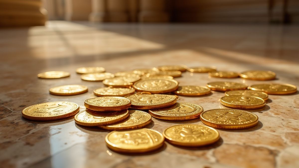 Golden coins on a Roman marble floor.