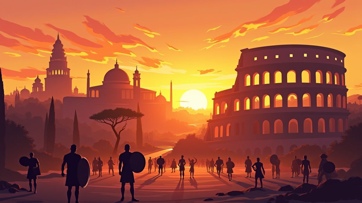 Ilustración del Coliseo al atardecer con gladiadores preparándose para la batalla.