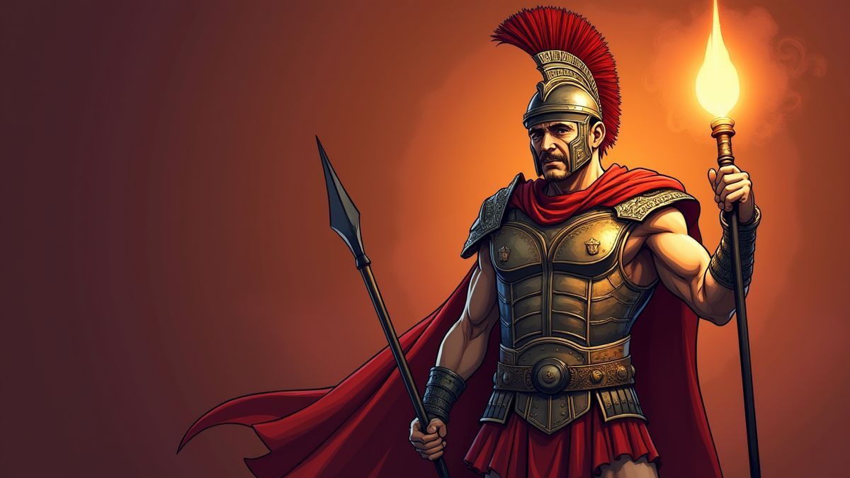 Un gladiador sosteniendo una lanza junto a un símbolo de pulgar hacia arriba brillante.