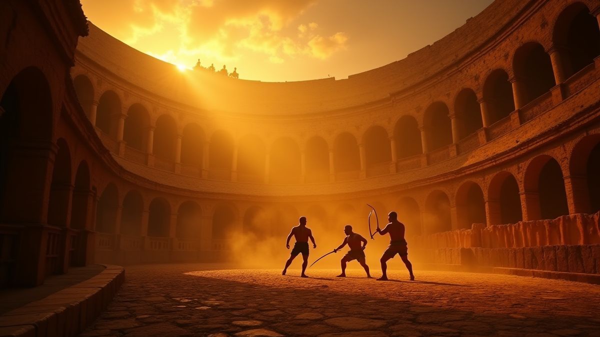 Una arena romana antigua con gladiadores iluminados por luz dorada.
