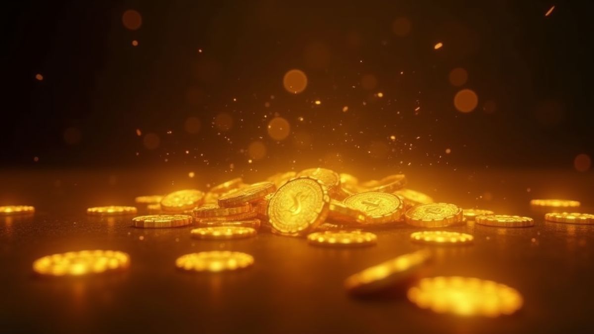 Monedas doradas brillando en un fondo oscuro de temática romana.