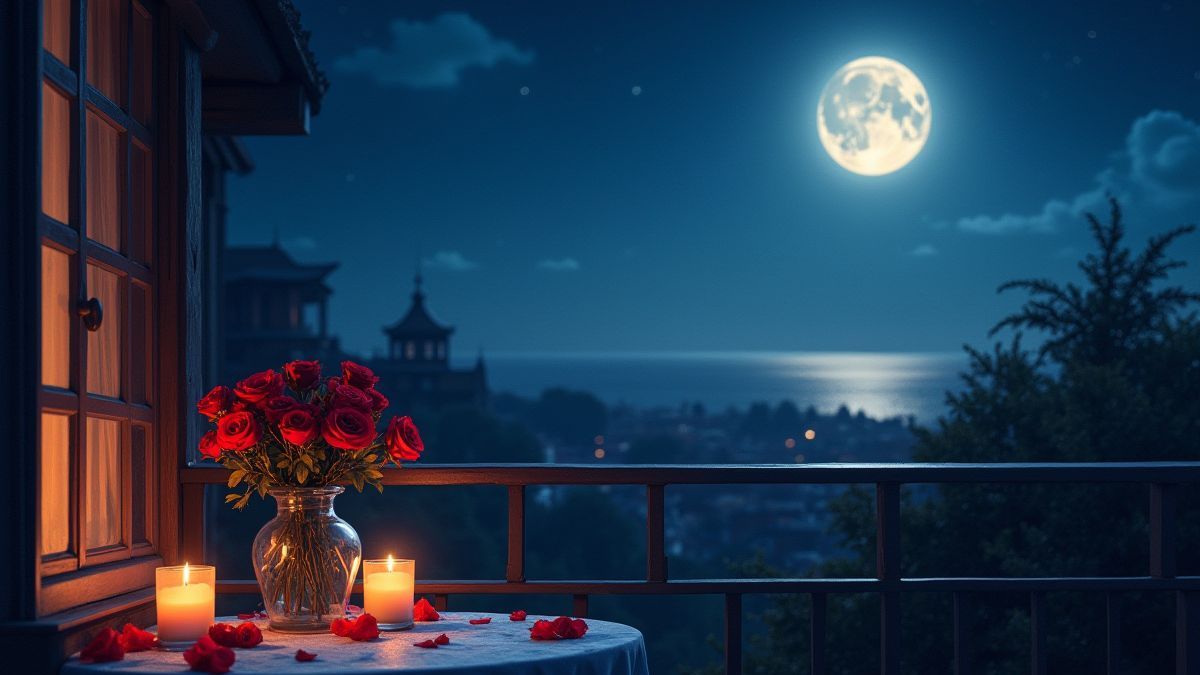A balcony illuminated by the moon with roses and candles under a starry night.