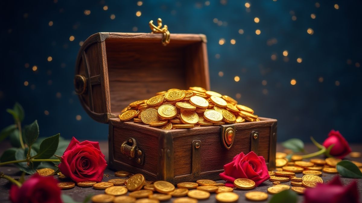 A treasure chest filled with gold coins and roses under a starry sky.