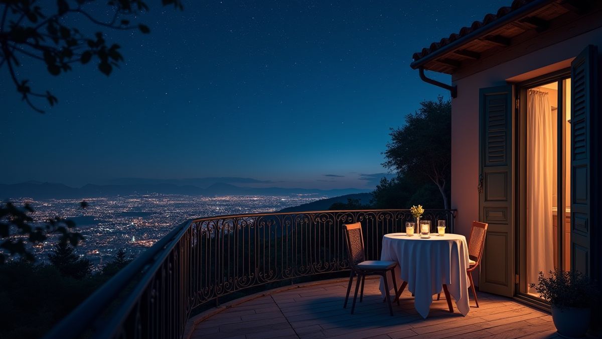 Balcón italien romantique sous un ciel étoilé.