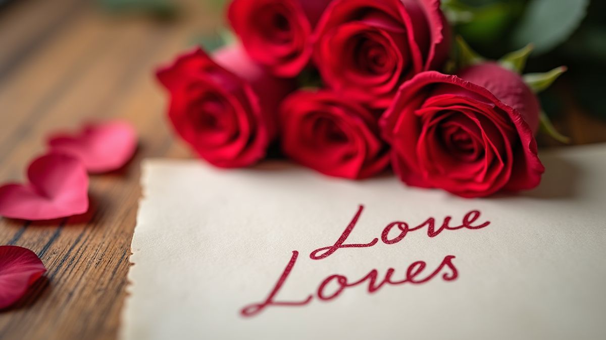 Roses et une lettre d'amour romantique.