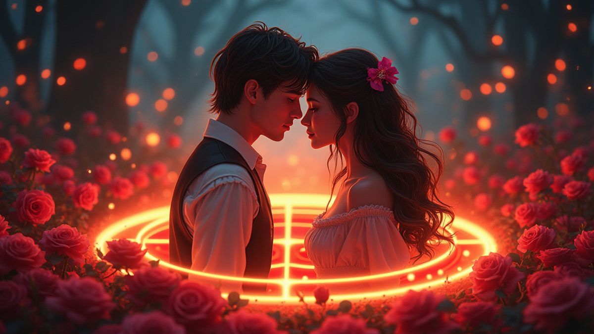 Roméo et Juliette sur un rouleau entouré de roses.