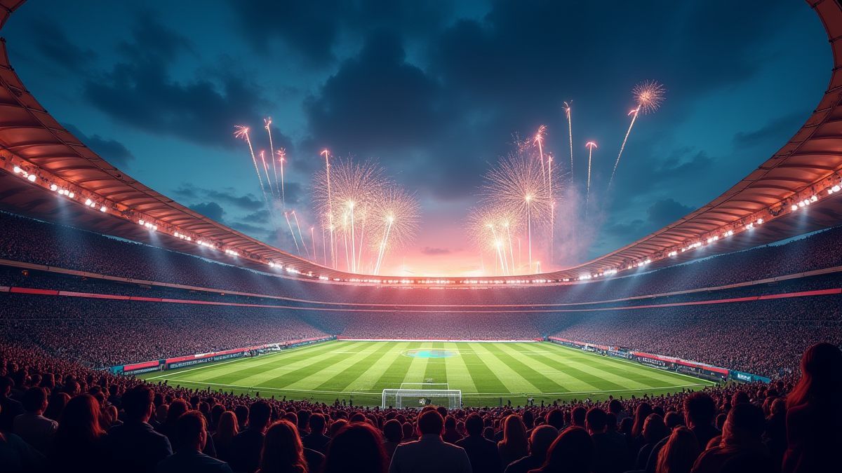 Beleuchtetes Fußballstadion mit Feuerwerk und jubelnden Fans.