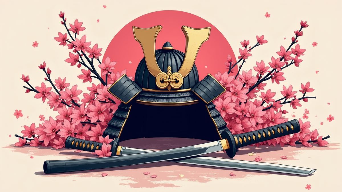 Samurai helmet surrounded by cherry blossoms and a katana beside it.