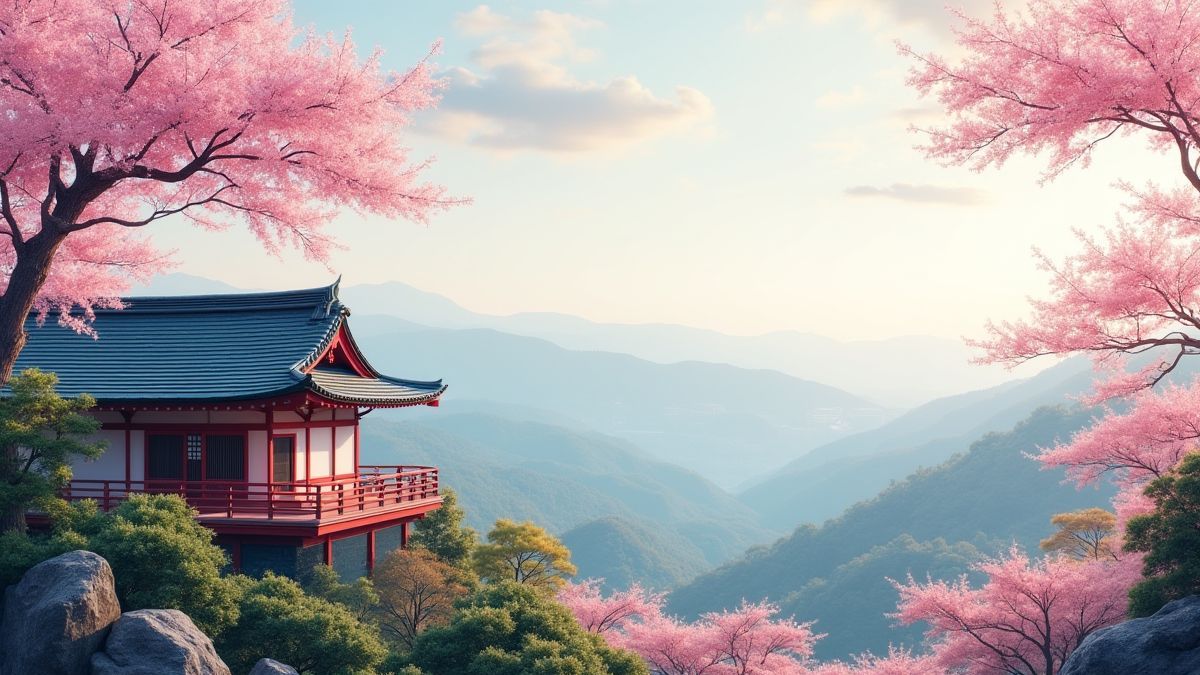 Japanese tea house with views of hills and cherry blossoms.