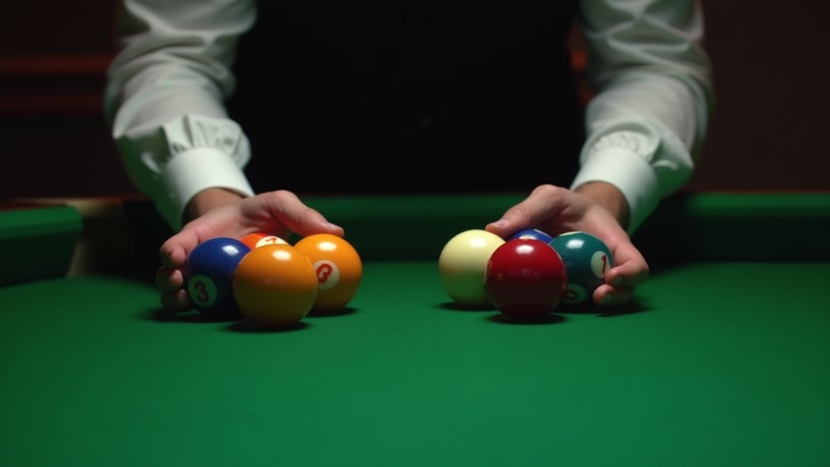 Ein Snooker-Spieler, der Kugeln hält und Strategien plant.