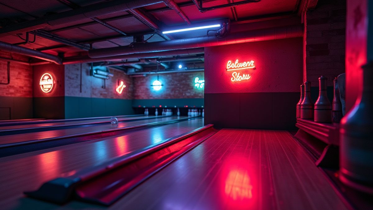 A retro bowling alley with neon signs and bowling pins.