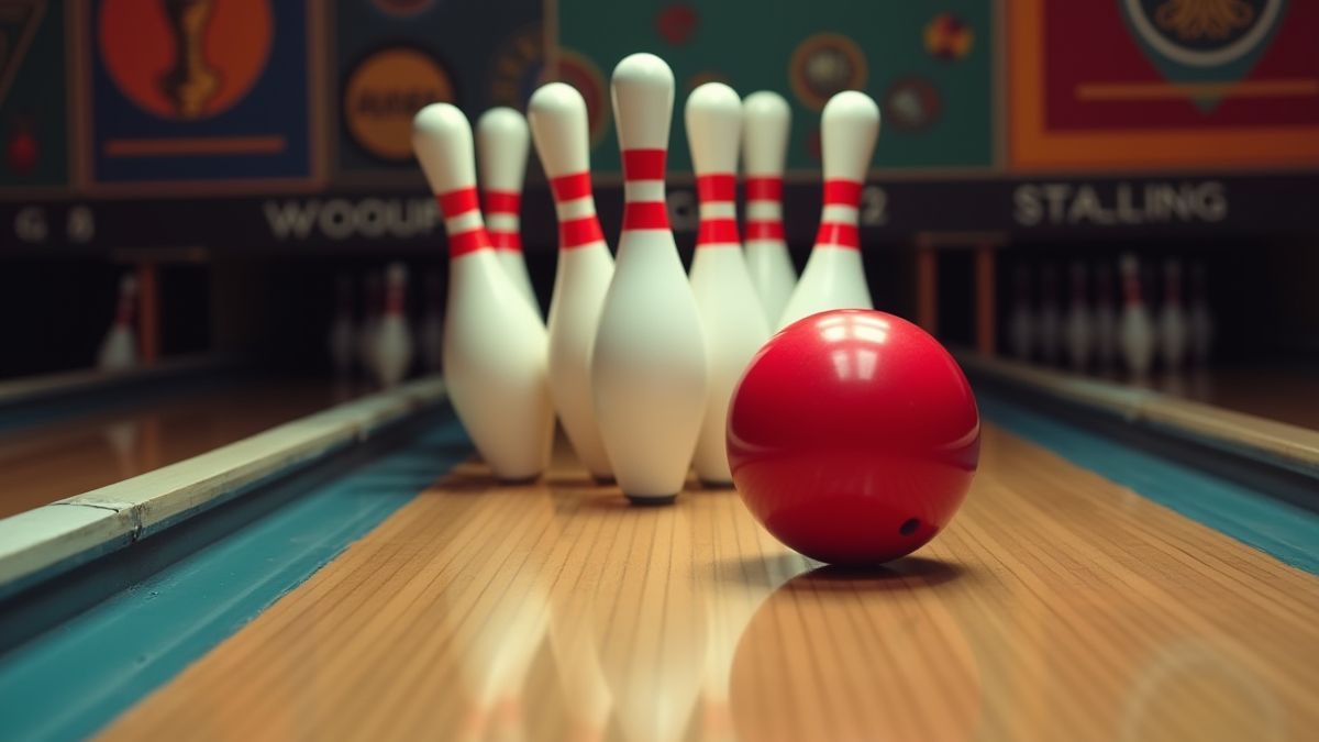 A bowling ball rolling towards the pins in a retro environment.