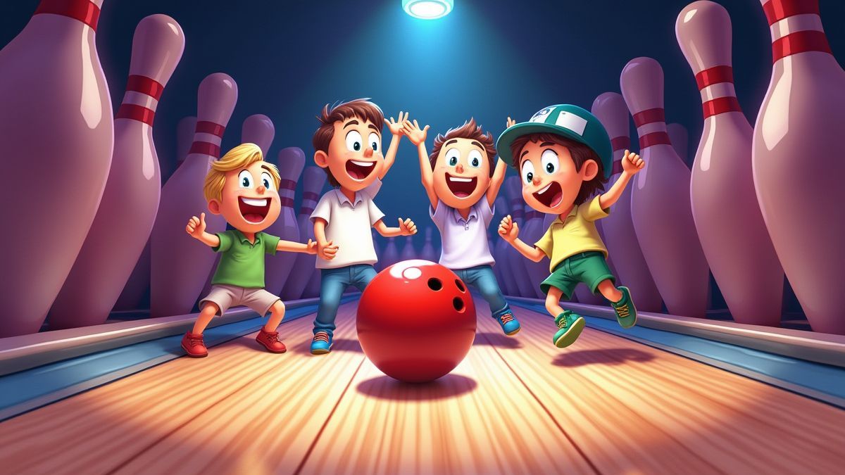 Animated characters celebrating a strike in a vibrant environment.