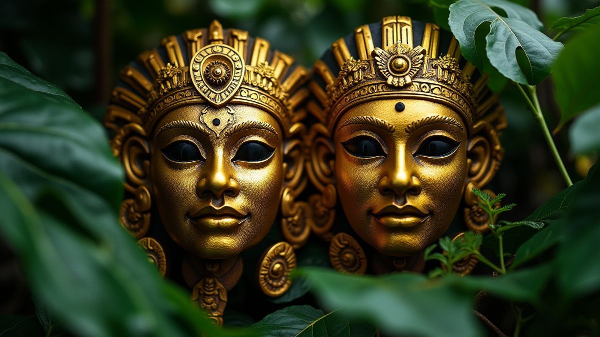Máscaras douradas astecas rodeadas de plantas tropicais.