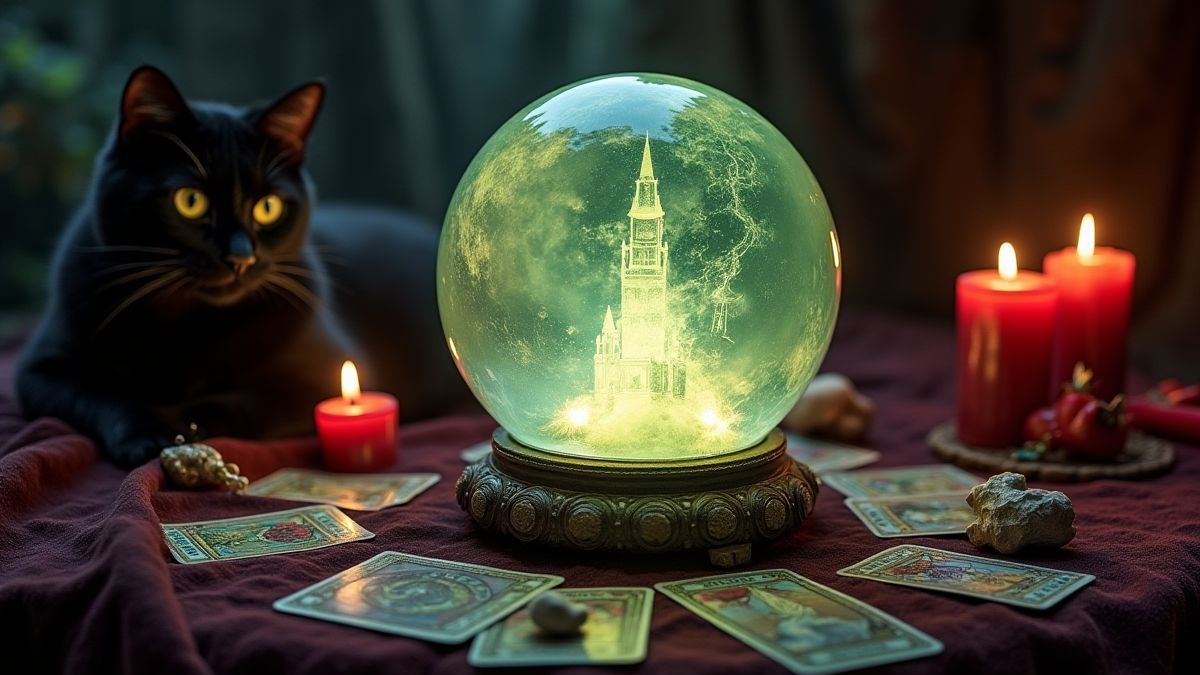 Kristallkugel umgeben von Tarotkarten und einer schwarzen Katze.