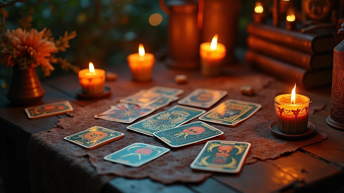 Tisch der Wahrsagerin mit Tarotkarten und leuchtenden magischen Effekten.