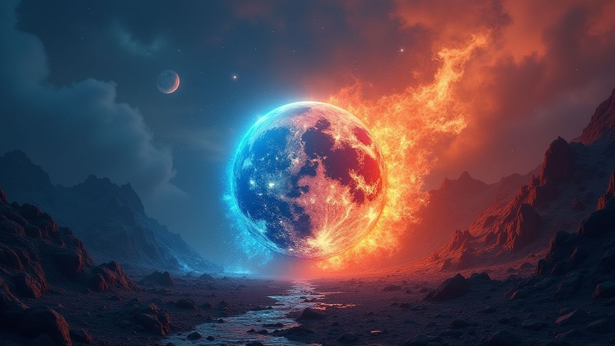 Paysage mystique avec des représentations vibrantes des éléments classiques.