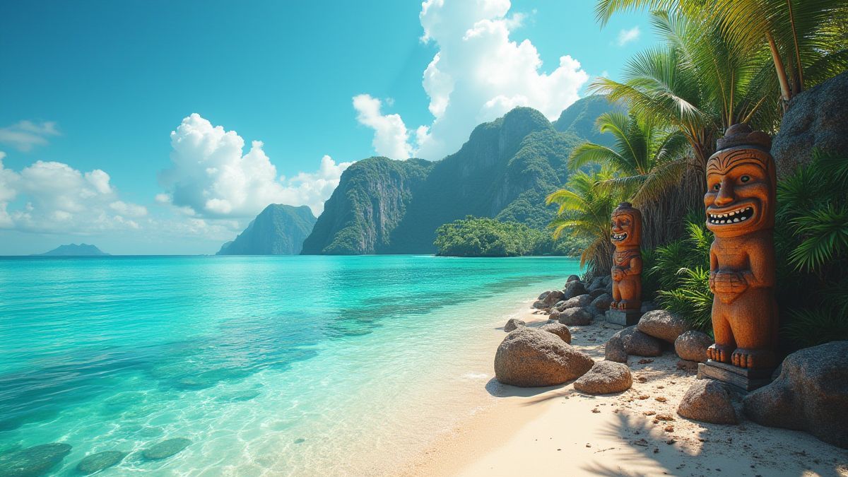 Eine tropische Insel mit Tiki-Statuen und Schätzen unter dem blauen Himmel.