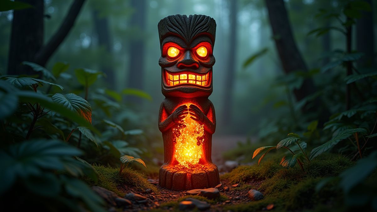 Eine magische Tiki-Statue, die in einem üppigen Dschungel leuchtet.
