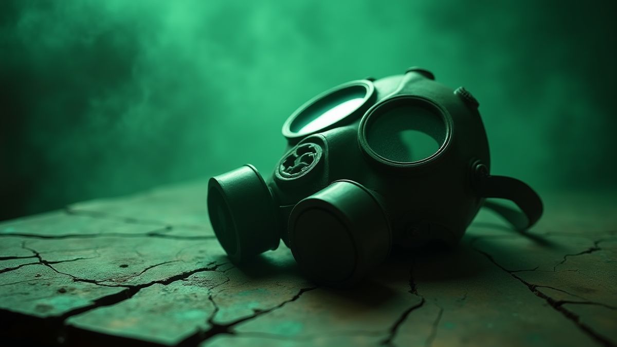 Gasmasken auf einem rissigen Holztisch umgeben von unheimlichem grünem Nebel.