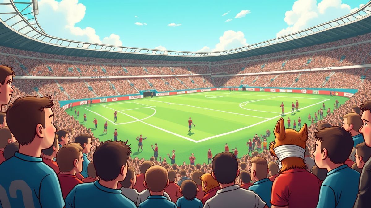 Animatie van een rugbystadion vol fans en grappige personages.