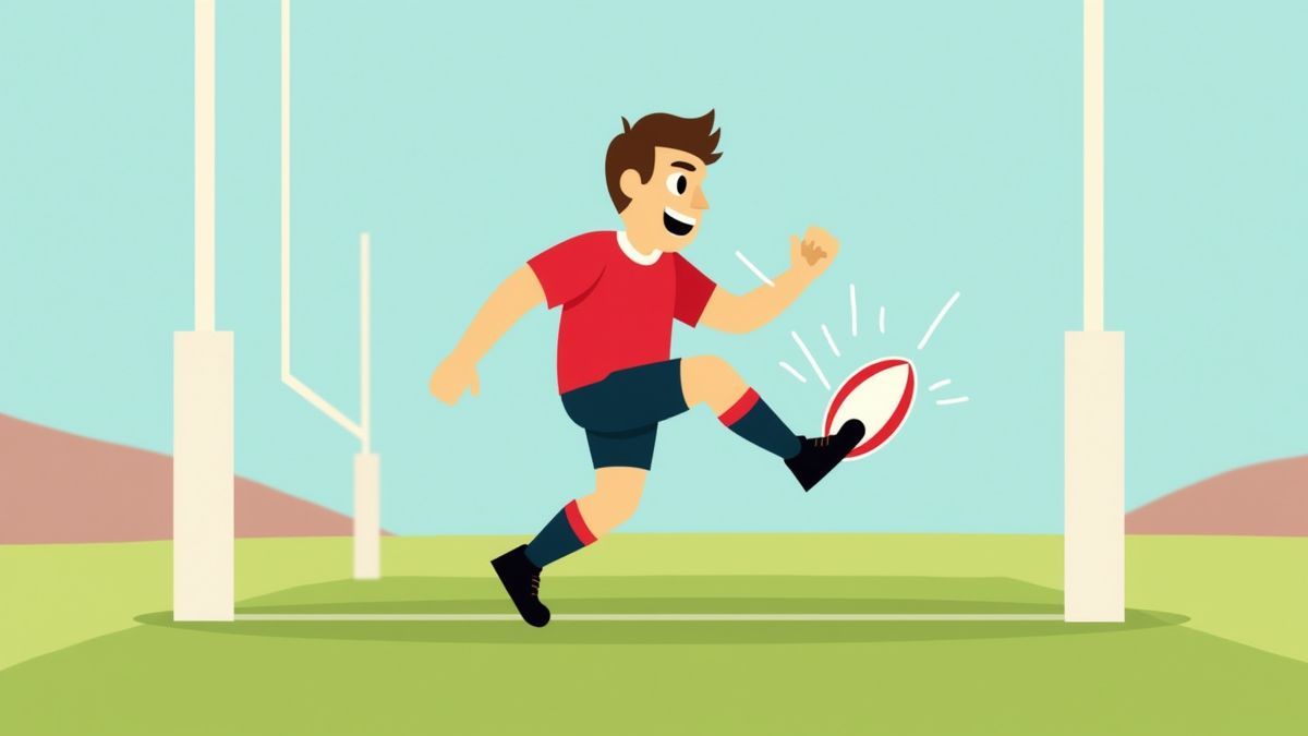 Animatie van een rugbyspeler die een bal door de palen trapt.