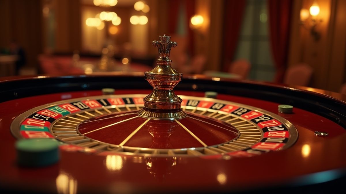 Roulette table in an elegant casino with bright chips and a spinning wheel.