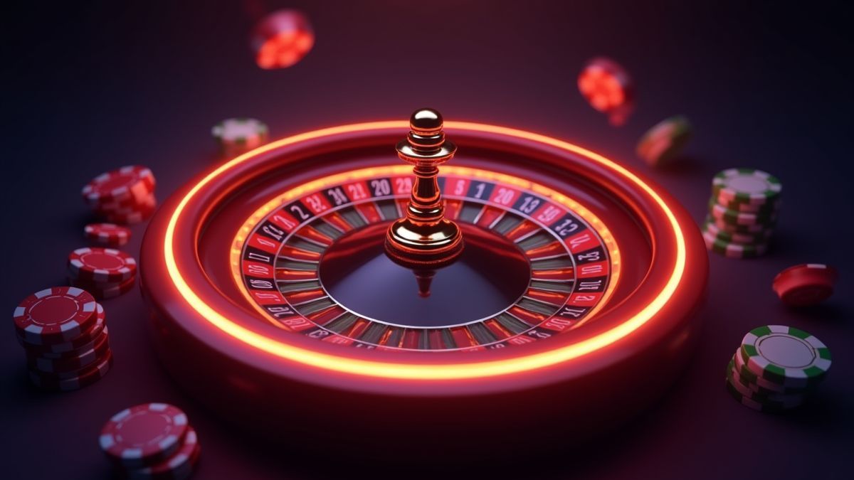 Rueda de ruleta 3D iluminada com fichas de cassino ao redor.