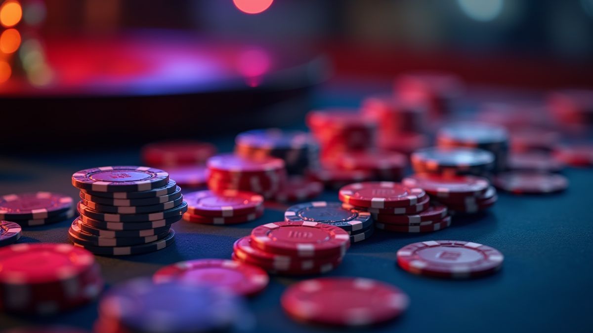 Gestapelte Chips auf einem beleuchteten Roulettetisch