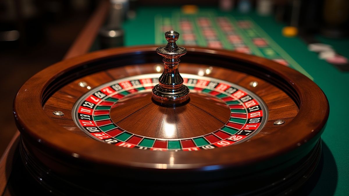 Roulette tafel met fiches en een enkele nul layout.