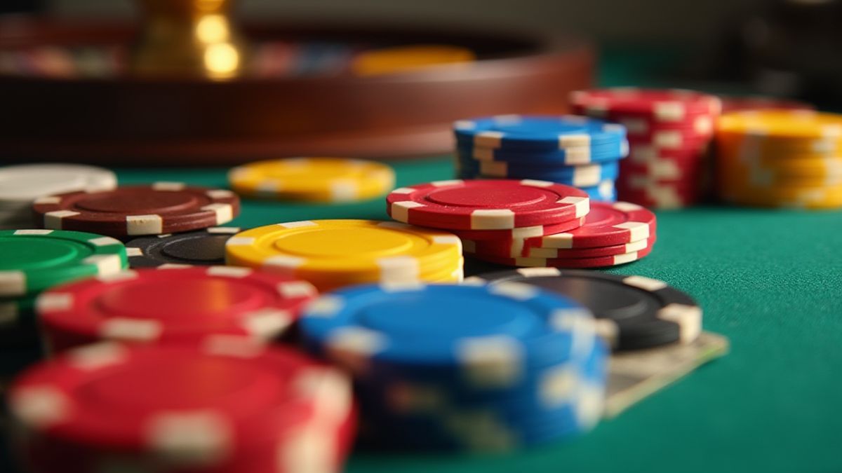 Roulette fiches georganiseerd op type inzet op een tafel.