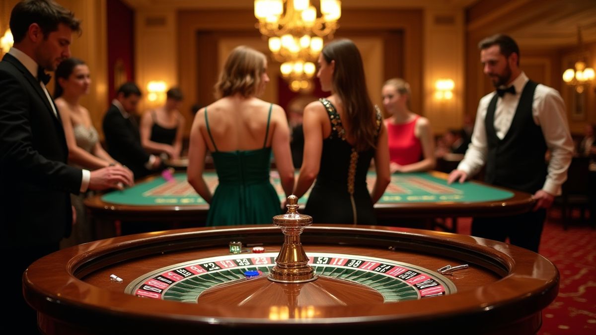 Elegante casinointerior met roulettetafels en spelers.