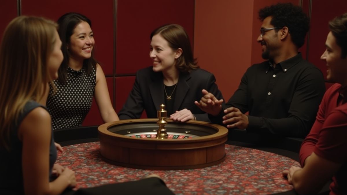 Groep vrienden die genieten van een roulettespel in een stijlvolle casinoomgeving.