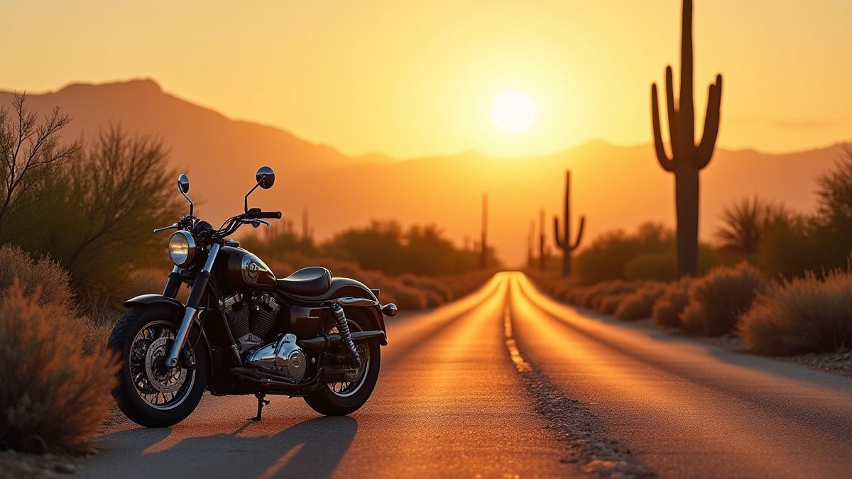Carretera desértica con cactus y moto bajo el atardecer.