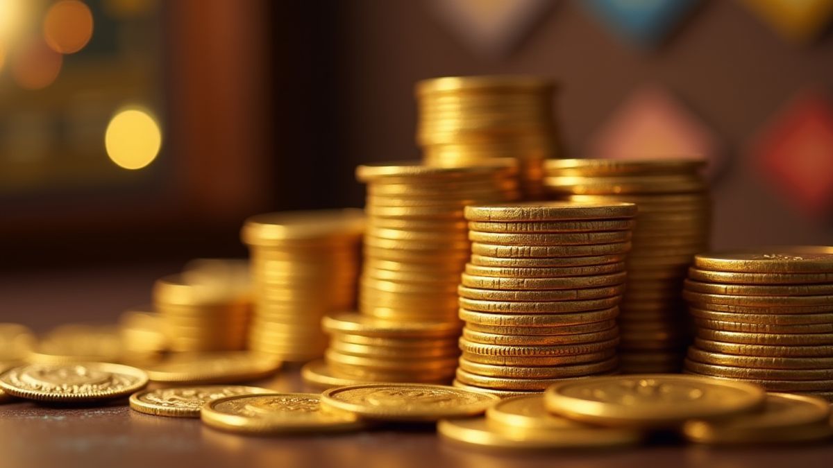 Monedas de oro apiladas con un fondo de casino retro.