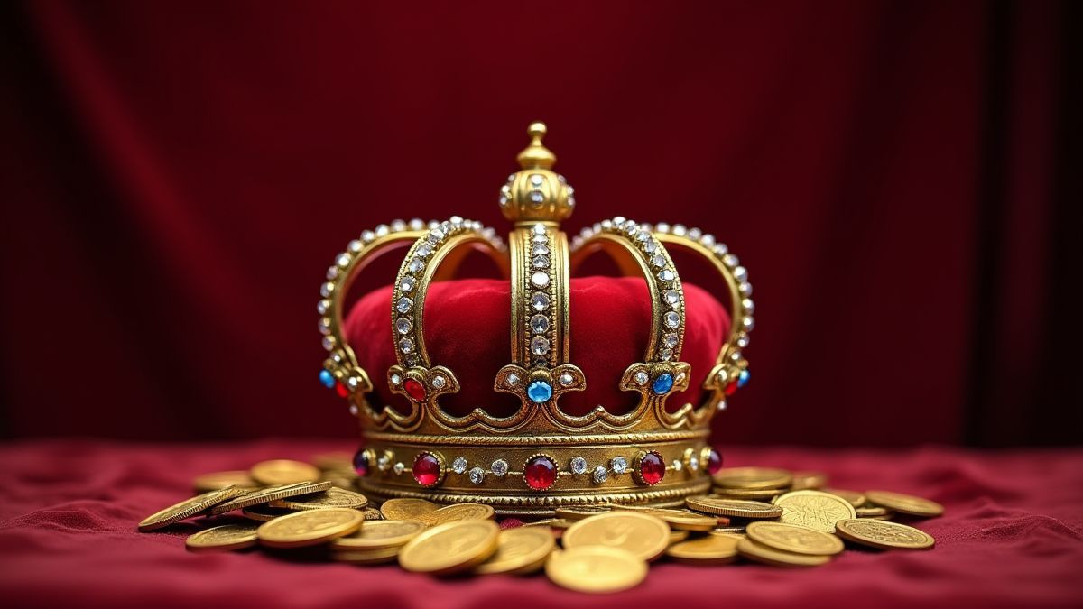 Una corona rodeada de joyas y monedas doradas sobre un fondo de terciopelo.