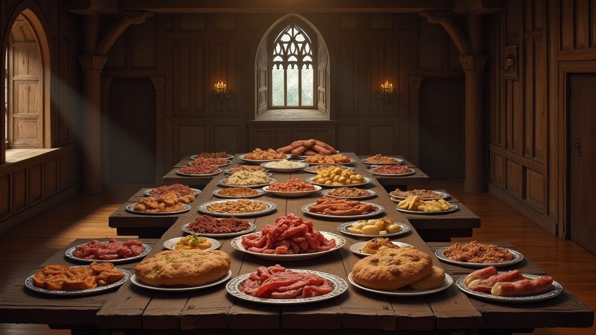 Une salle de banquets Tudor avec des tables pleines de nourriture.