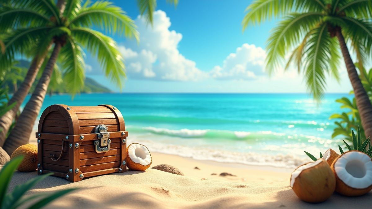 Schatztruhe an einem tropischen Strand umgeben von Palmen und Kokosnüssen