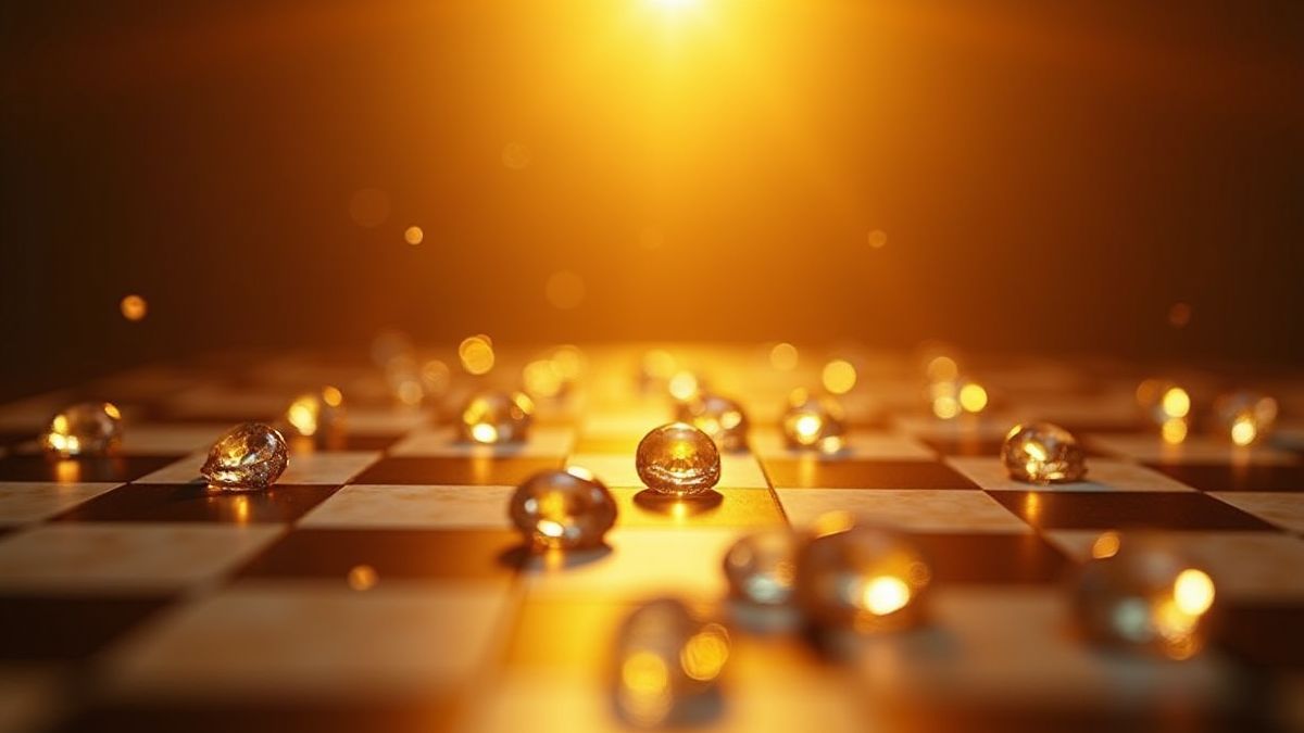 A chessboard illuminated with shining gems.