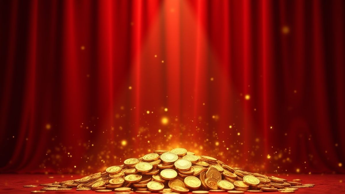 Eine Pile von goldenen Münzen, die unter einem königlichen roten Samtvorhang funkeln.