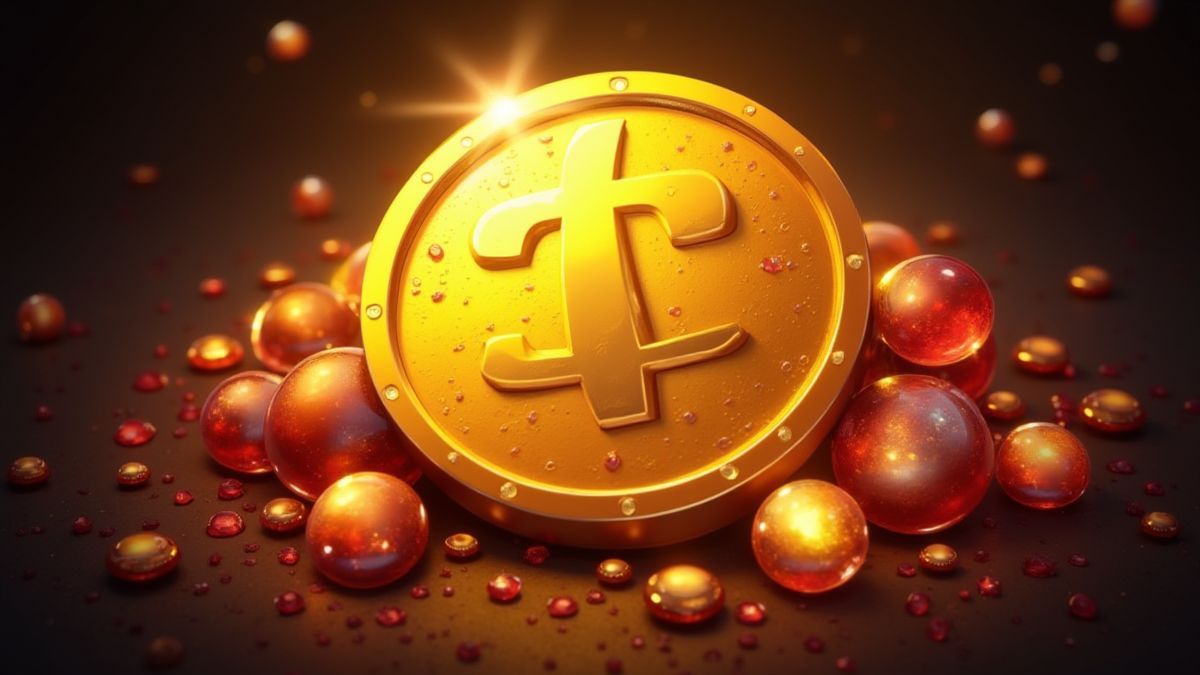 Eine strahlende goldene Münze, umgeben von funkelnden Juwelen.