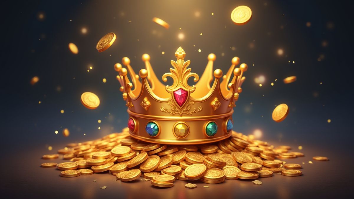 Goldene Krone, die Münzen und Juwelen sammelt.