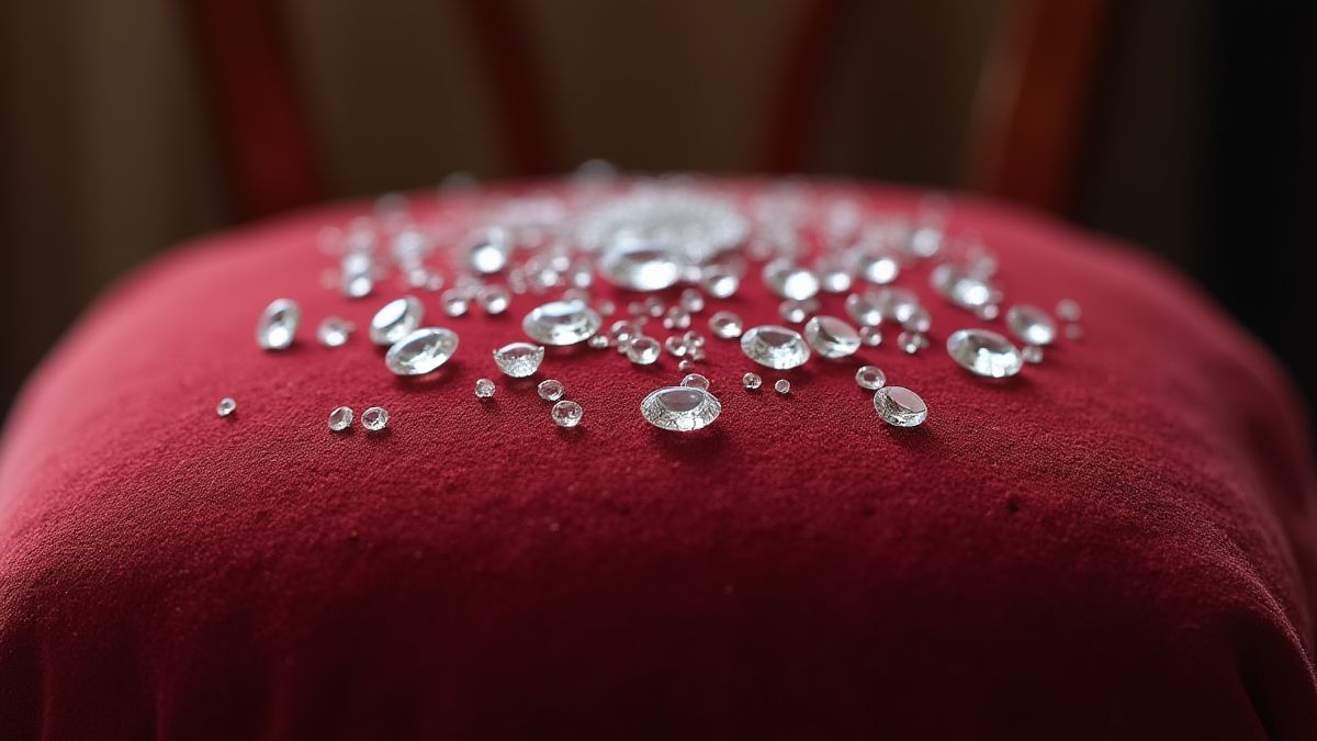 Velours kussen met sprankelende diamanten in een koninklijke paleisomgeving.