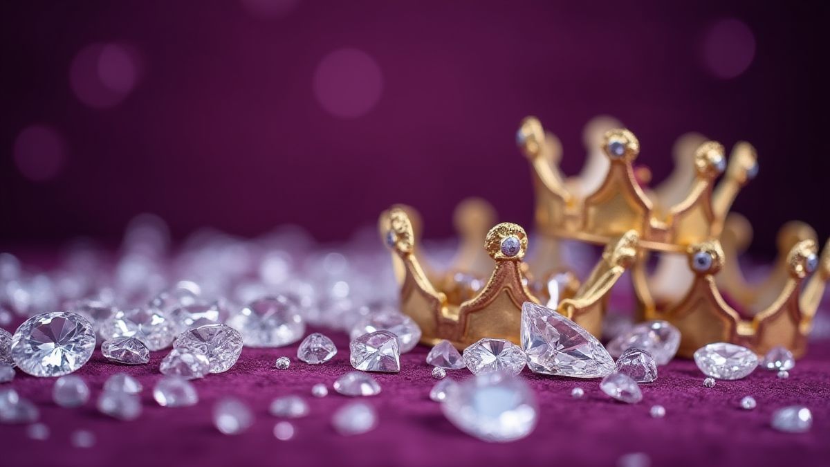 Diamanten en gouden kronen op een paarse fluwelen achtergrond.