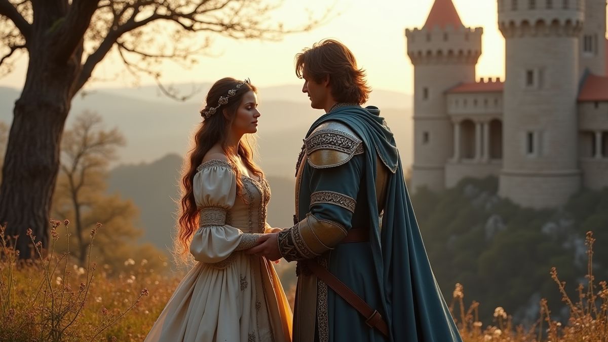 A medieval prince and princess in front of a castle.