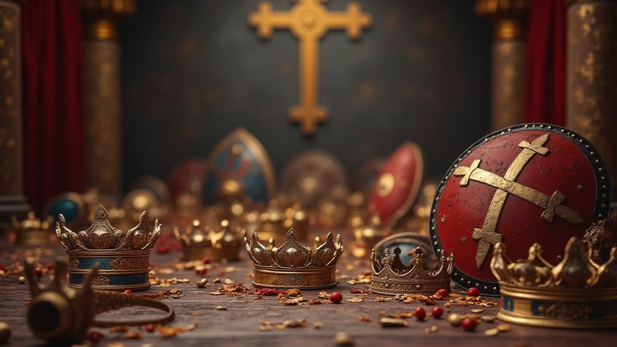 Medieval shields and crowns in a royal hall.